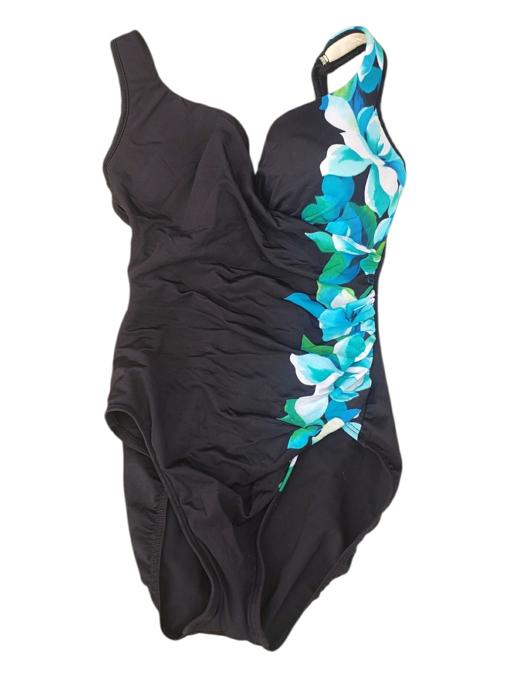 Miraclesuit Black One-Shoulder Floral-Trim Swim One-Piece
